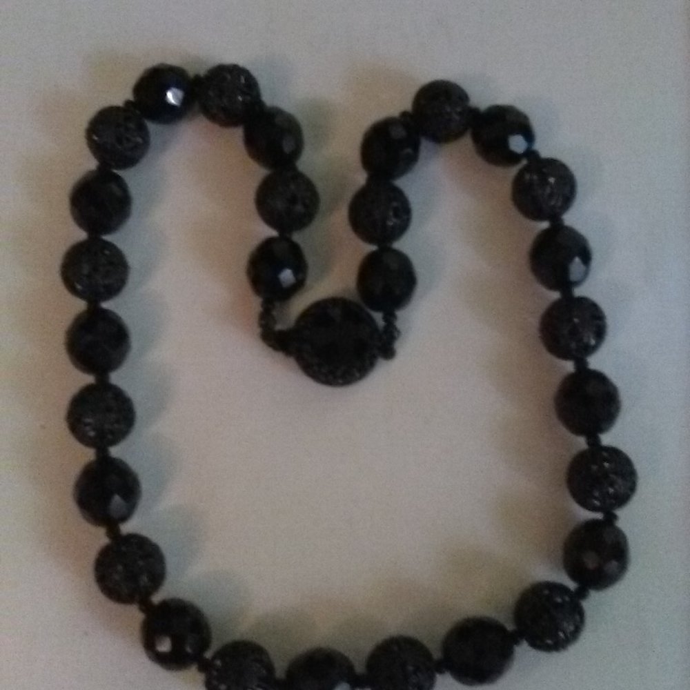 Faceted Black Stone / Black Filigree Bead Necklace